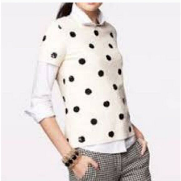 J CREW LIGHT PEACH WITH BLACK POLKA DOTS SHORT SLEEVE SEQUIN TOP SIZE XXS - Picture 2 of 11